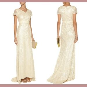 NEW $792 Mikael Aghal‎ [ 12 ] Sequin Embroidered Mesh Sheath Gown Champagne
